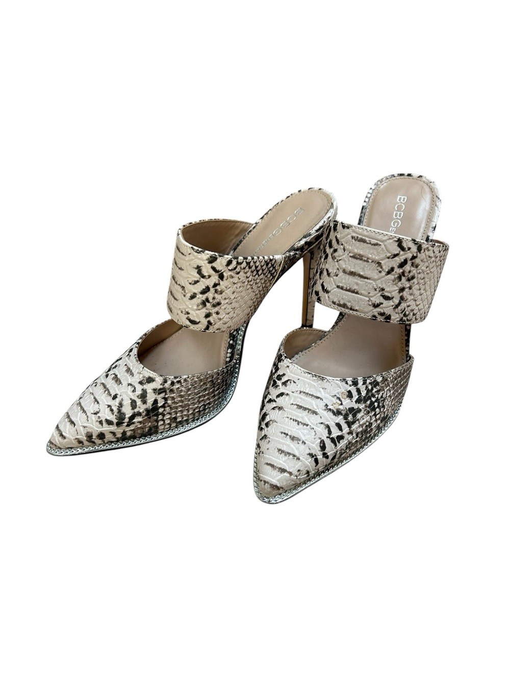 BCBG Neutral Python-Print Pointed Mule Heels